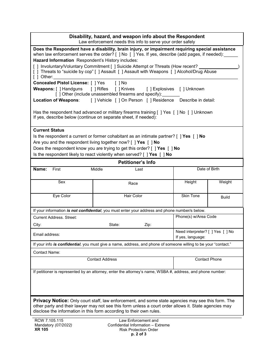 Form XR105 Law Enforcement and Confidential Information - Extreme Risk Protection Order - Washington, Page 2