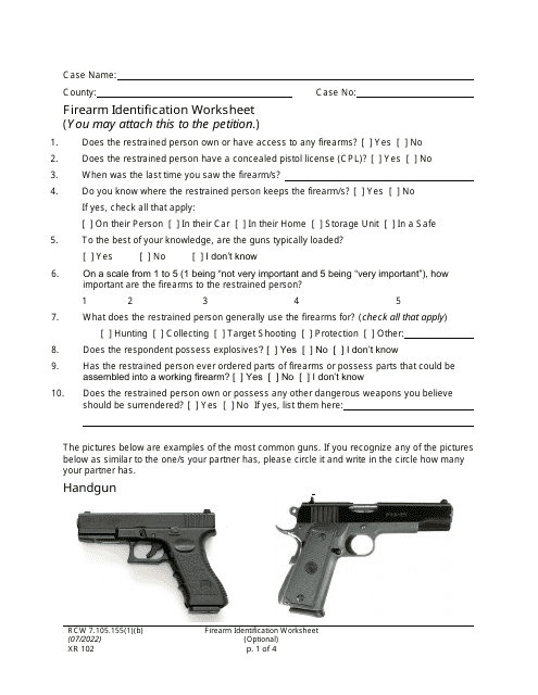 Form XR102 Firearm Identification Worksheet - Washington