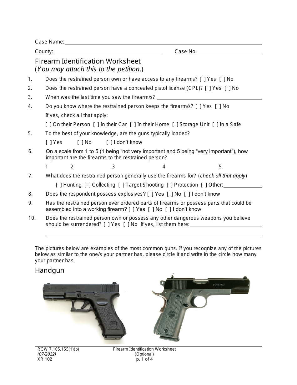 Form XR102 Firearm Identification Worksheet - Washington, Page 1