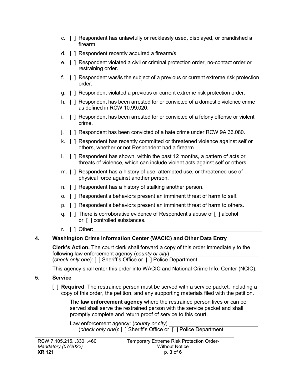 Form XR121 Temporary Extreme Risk Protection Order - Without Notice - Washington, Page 3