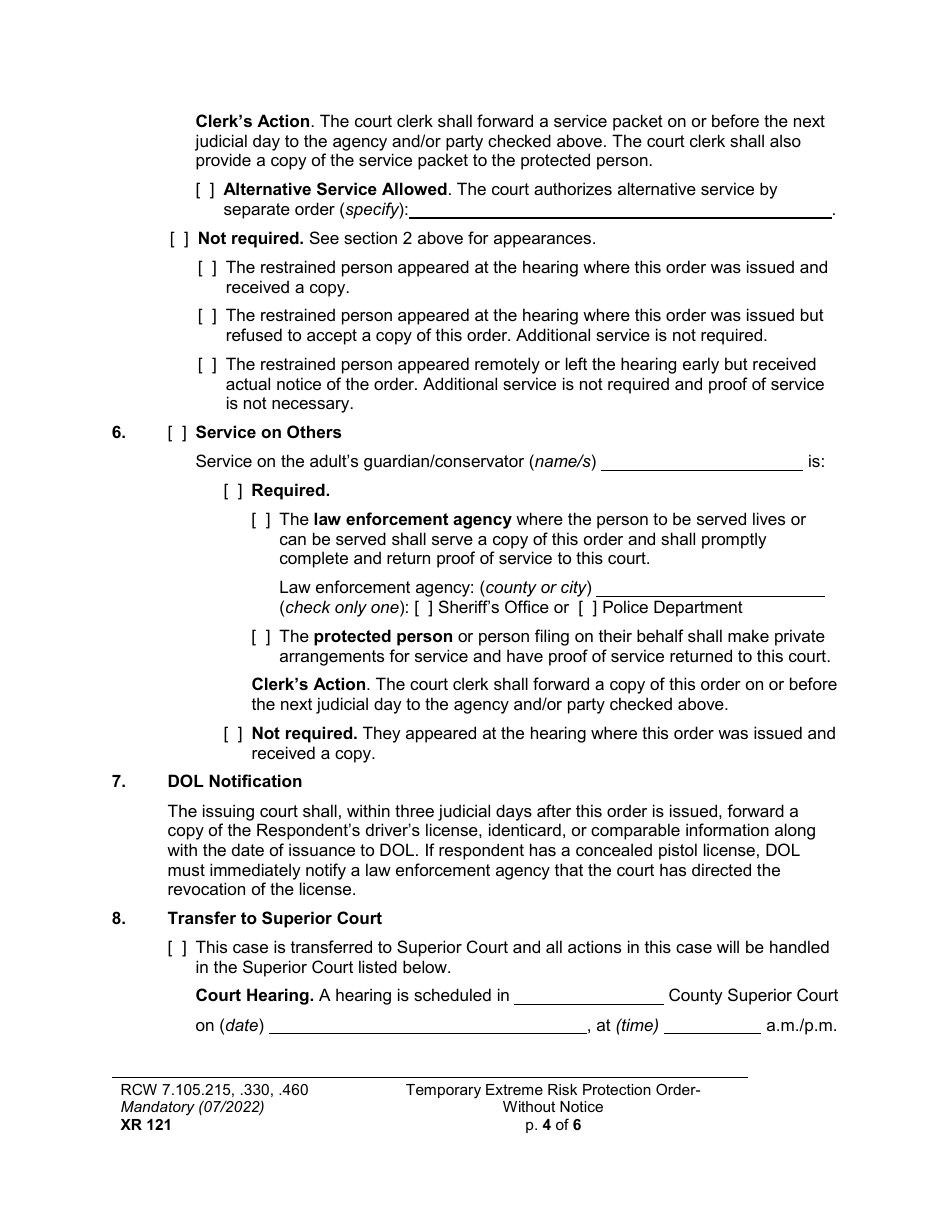 Form XR121 Temporary Extreme Risk Protection Order - Without Notice - Washington, Page 4