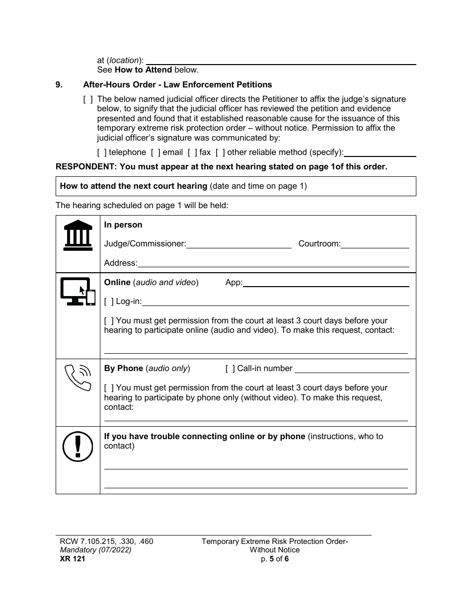 Form XR121 Temporary Extreme Risk Protection Order - Without Notice - Washington, Page 5