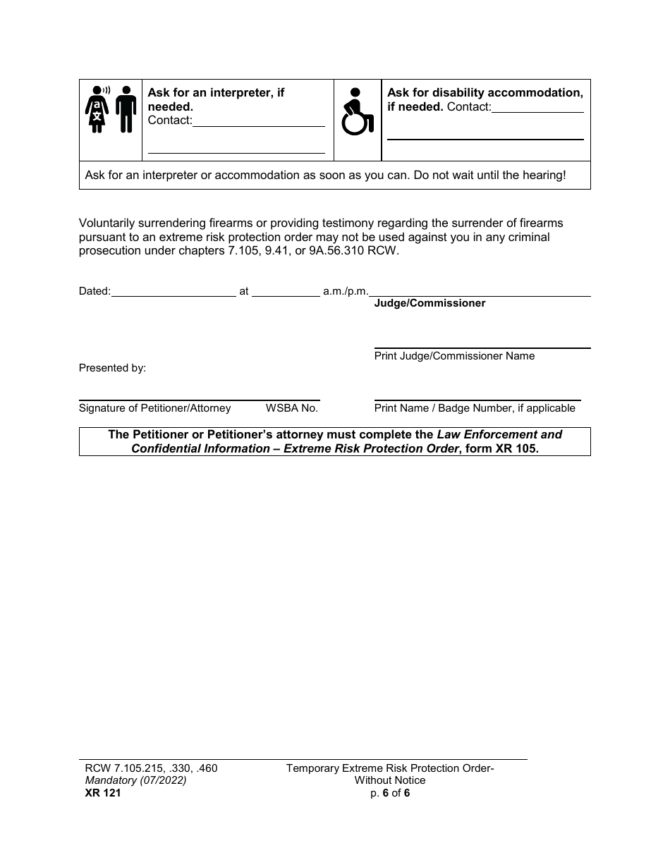 Form XR121 Temporary Extreme Risk Protection Order - Without Notice - Washington, Page 6