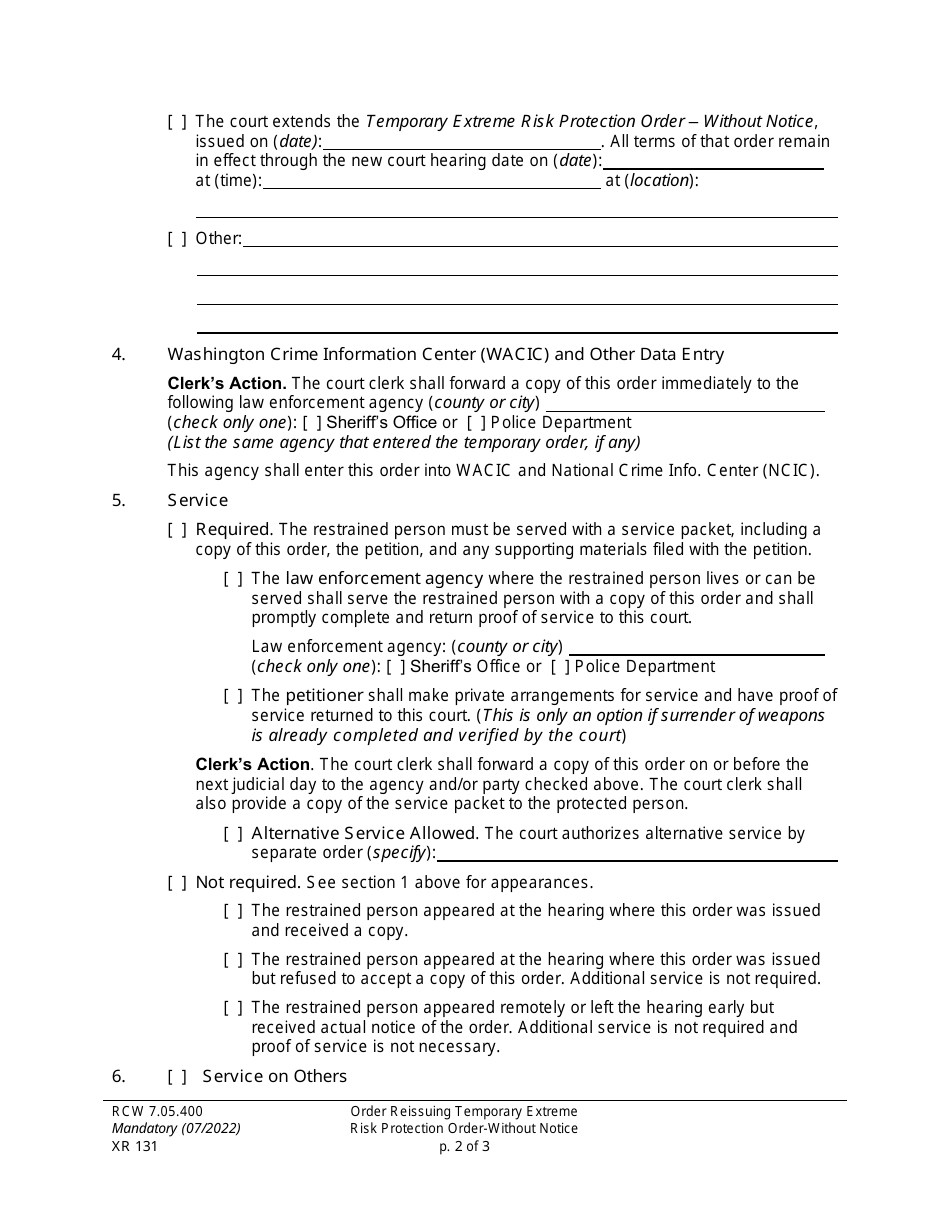 Form XR131 Order Reissuing Temporary Extreme Risk Protection Order - Without Notice - Washington, Page 2