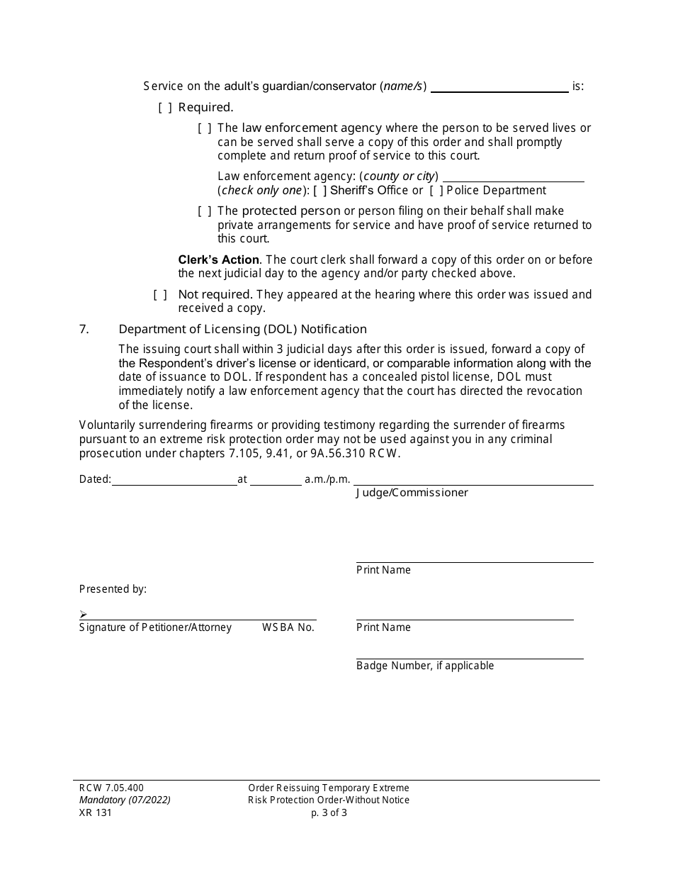 Form XR131 Order Reissuing Temporary Extreme Risk Protection Order - Without Notice - Washington, Page 3