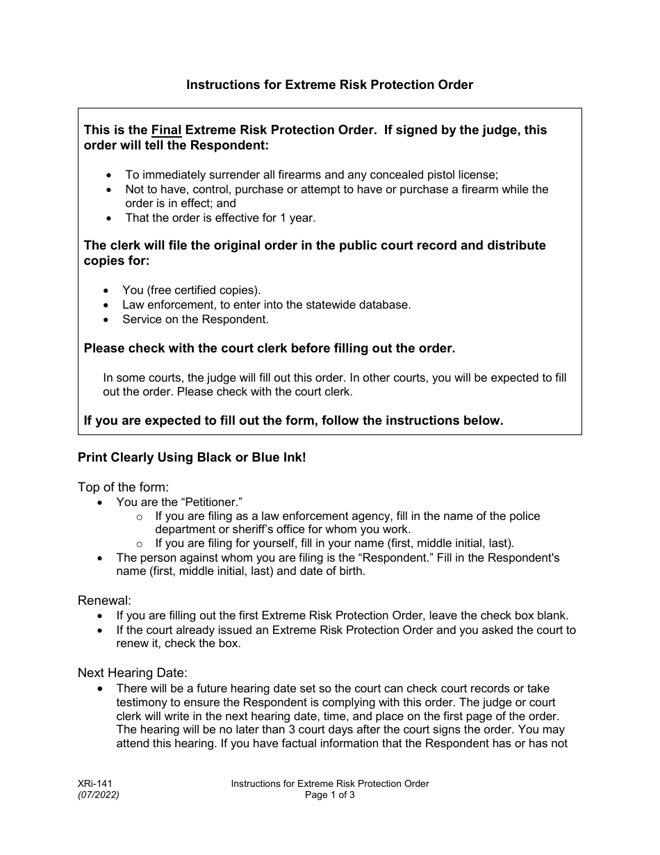 Instructions for Form XR141 Extreme Risk Protection Order - Washington, Page 1