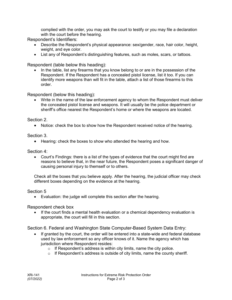 Instructions for Form XR141 Extreme Risk Protection Order - Washington, Page 2