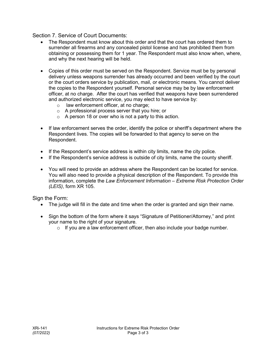 Instructions for Form XR141 Extreme Risk Protection Order - Washington, Page 3