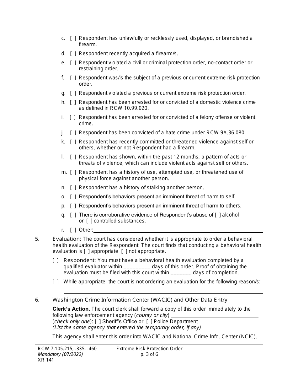 Form XR141 Extreme Risk Protection Order - Washington, Page 3