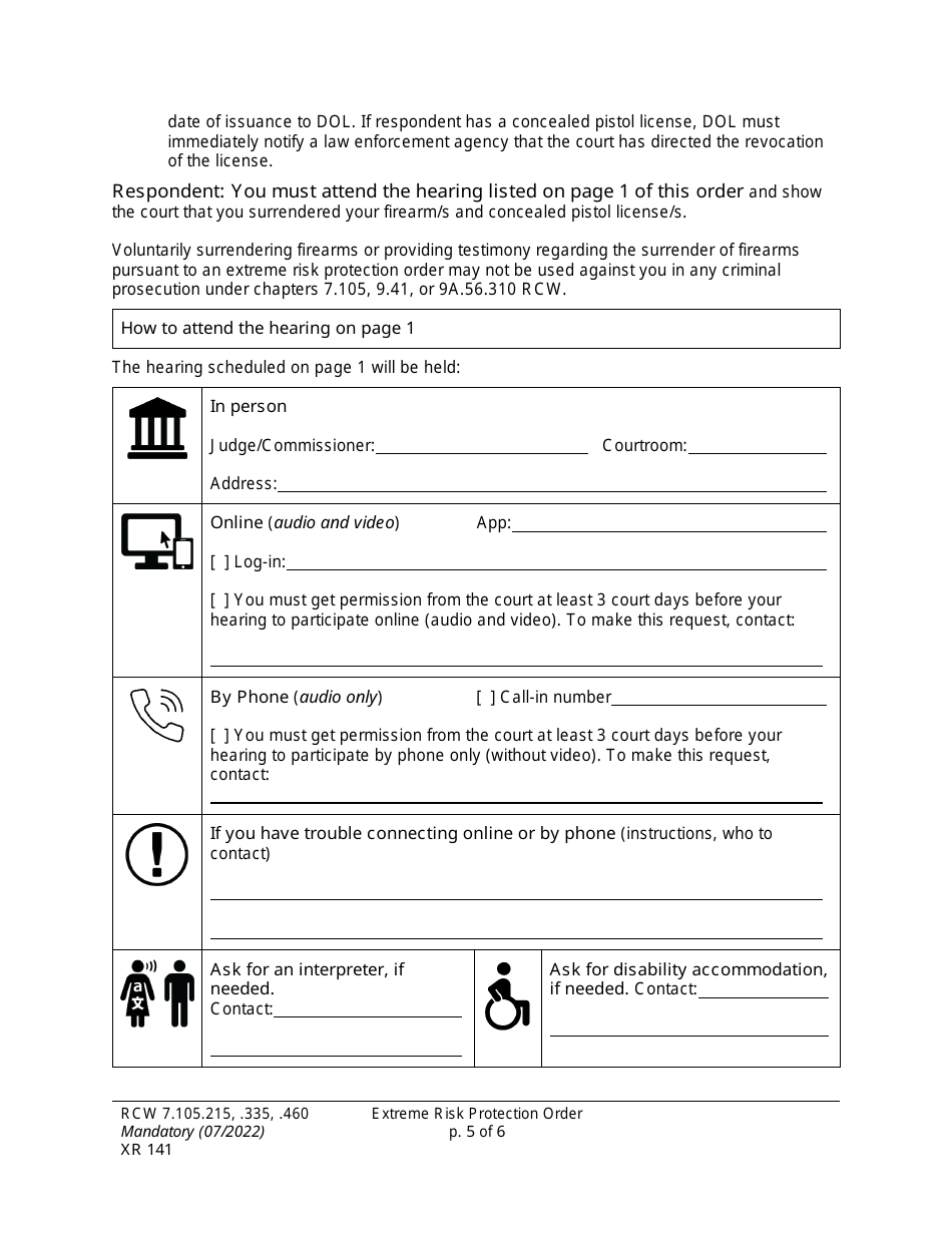 Form XR141 Extreme Risk Protection Order - Washington, Page 5