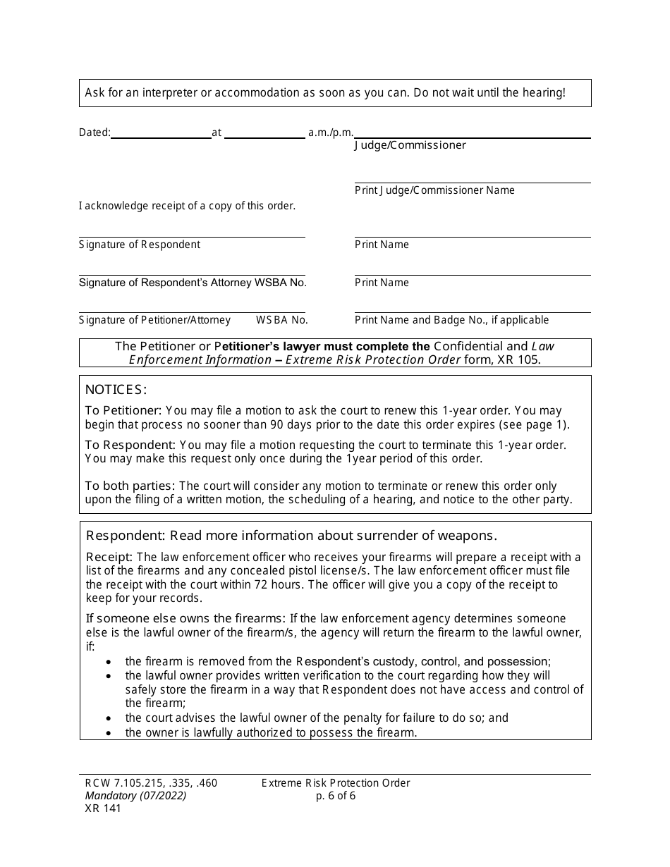 Form XR141 Extreme Risk Protection Order - Washington, Page 6