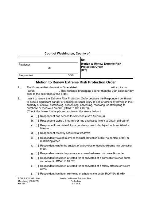 Form XR151 Motion to Renew Extreme Risk Protection Order - Washington