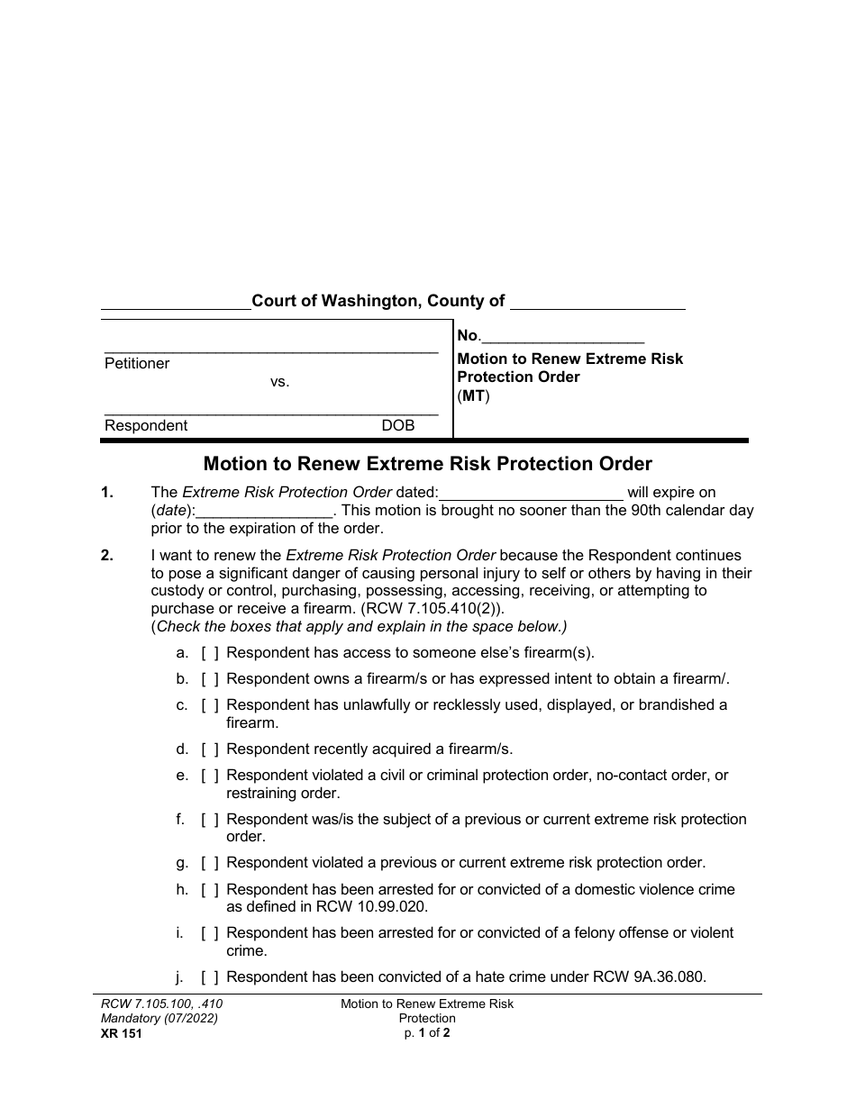 Form XR151 Motion to Renew Extreme Risk Protection Order - Washington, Page 1