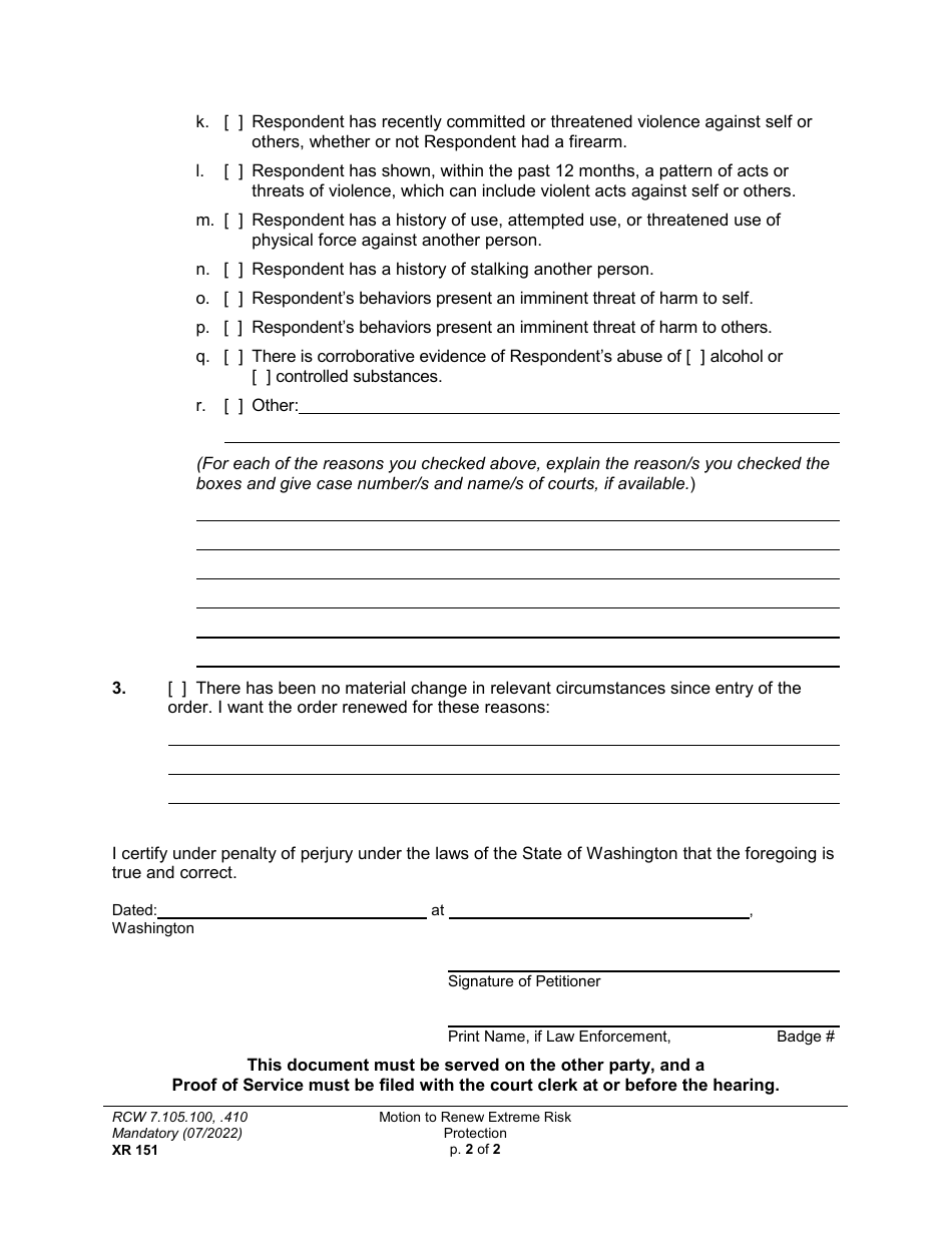 Form XR151 Motion to Renew Extreme Risk Protection Order - Washington, Page 2