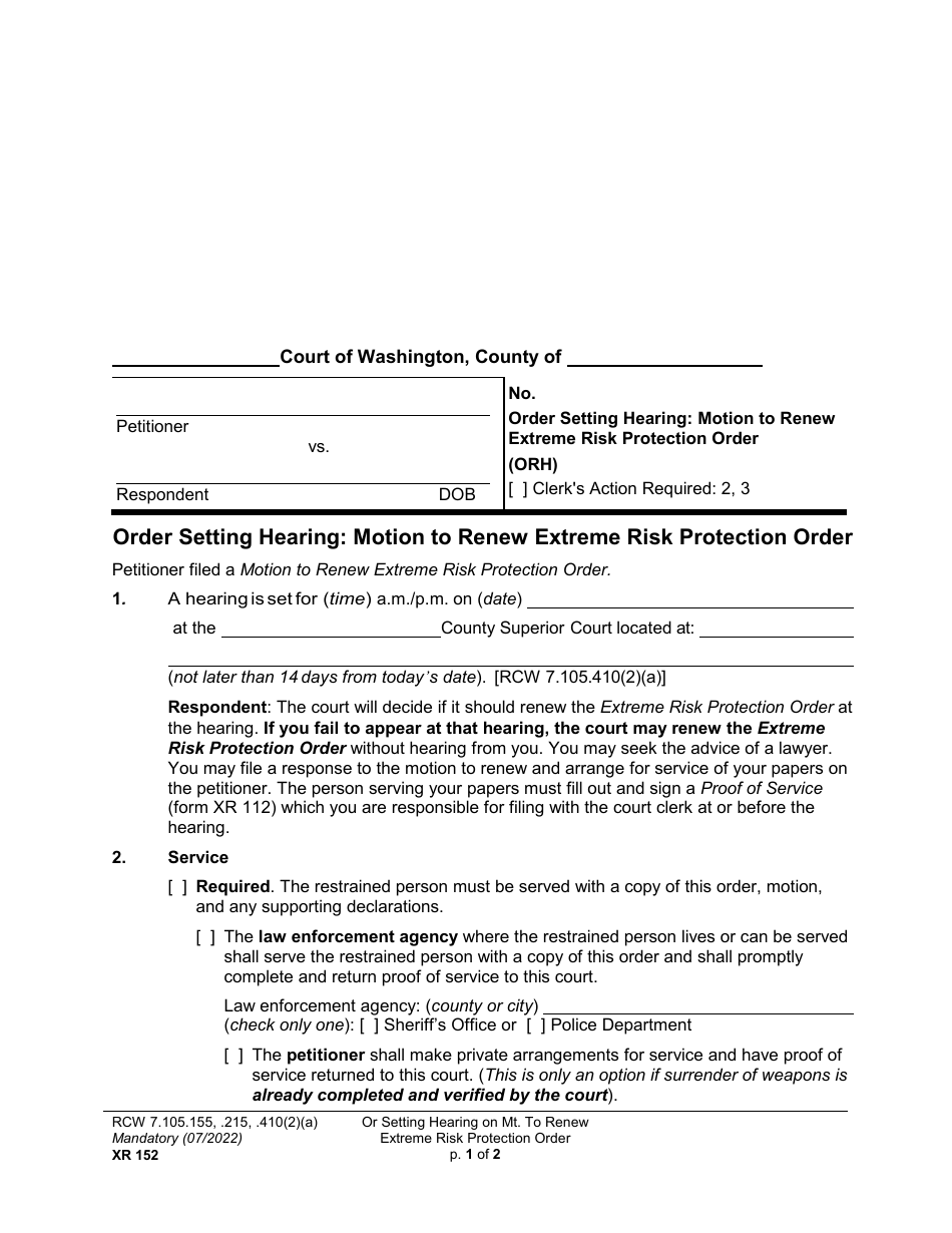 Form XR152 Order Setting Hearing: Motion to Renew Extreme Risk Protection Order - Washington, Page 1
