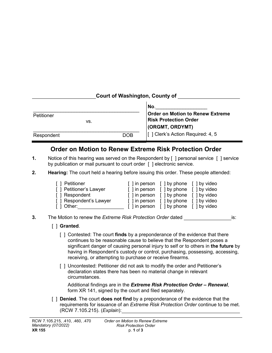 Form XR155 Order on Motion to Renew Extreme Risk Protection Order - Washington, Page 1