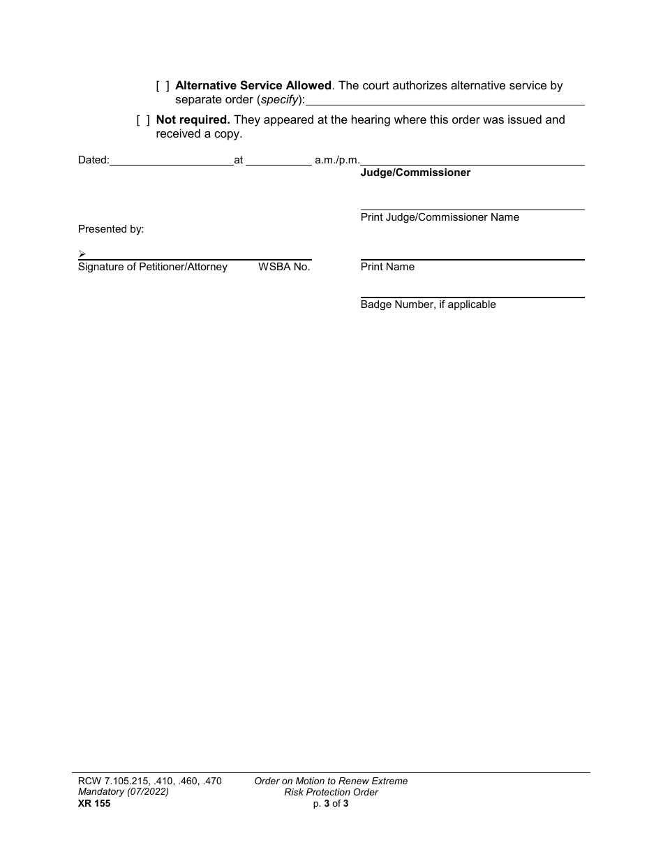 Form XR155 Order on Motion to Renew Extreme Risk Protection Order - Washington, Page 3