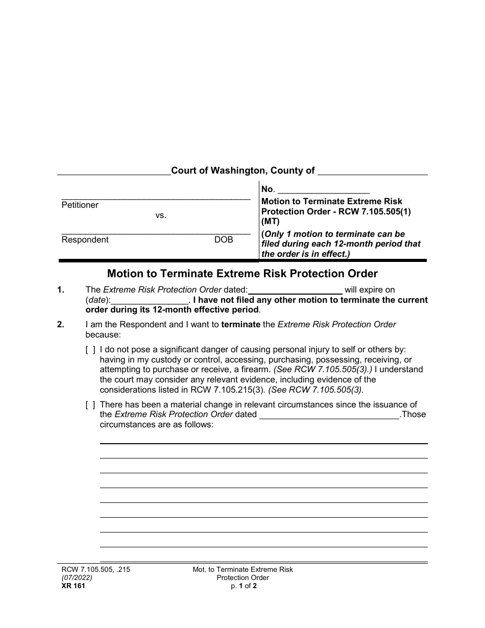 Form XR161 Motion to Terminate Extreme Risk Protection Order - Washington, Page 1