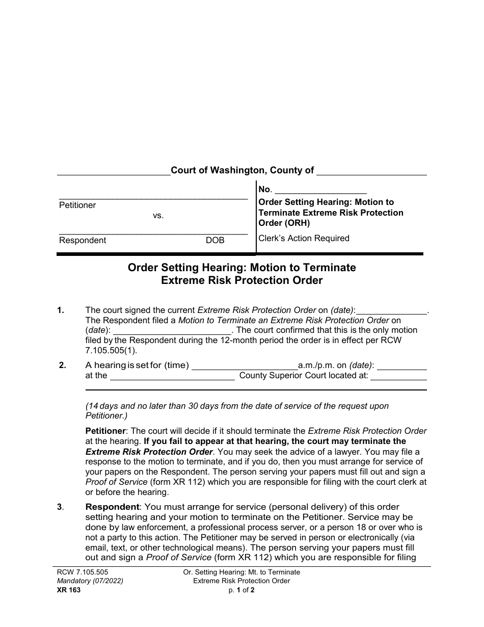Form XR163 Order Setting Hearing: Motion to Terminate Extreme Risk Protection Order - Washington, Page 1