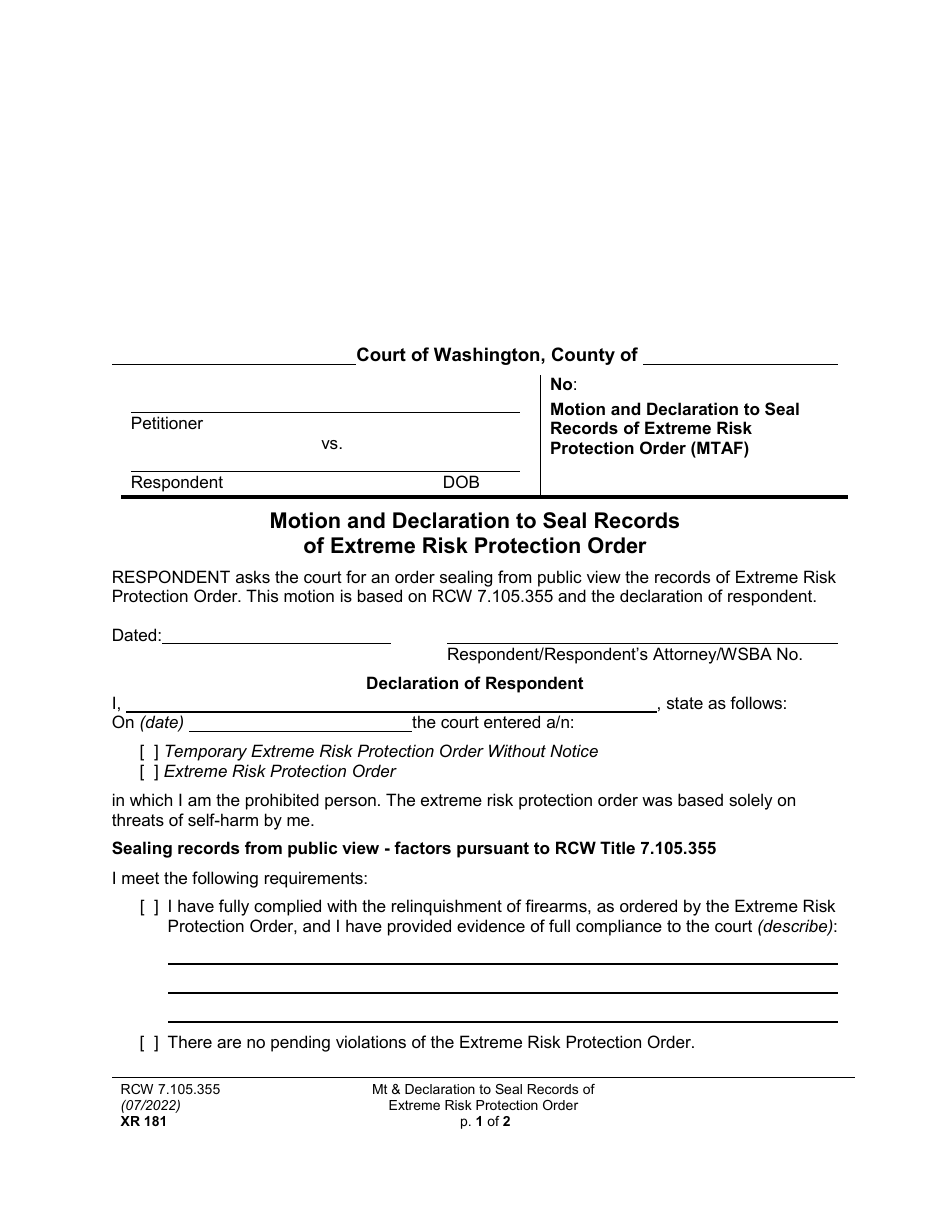 Form XR181 Motion and Declaration to Seal Records of Extreme Risk Protection Order - Washington, Page 1