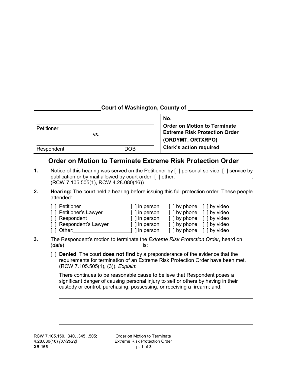Form XR165 Order on Motion to Terminate Extreme Risk Protection Order - Washington, Page 1