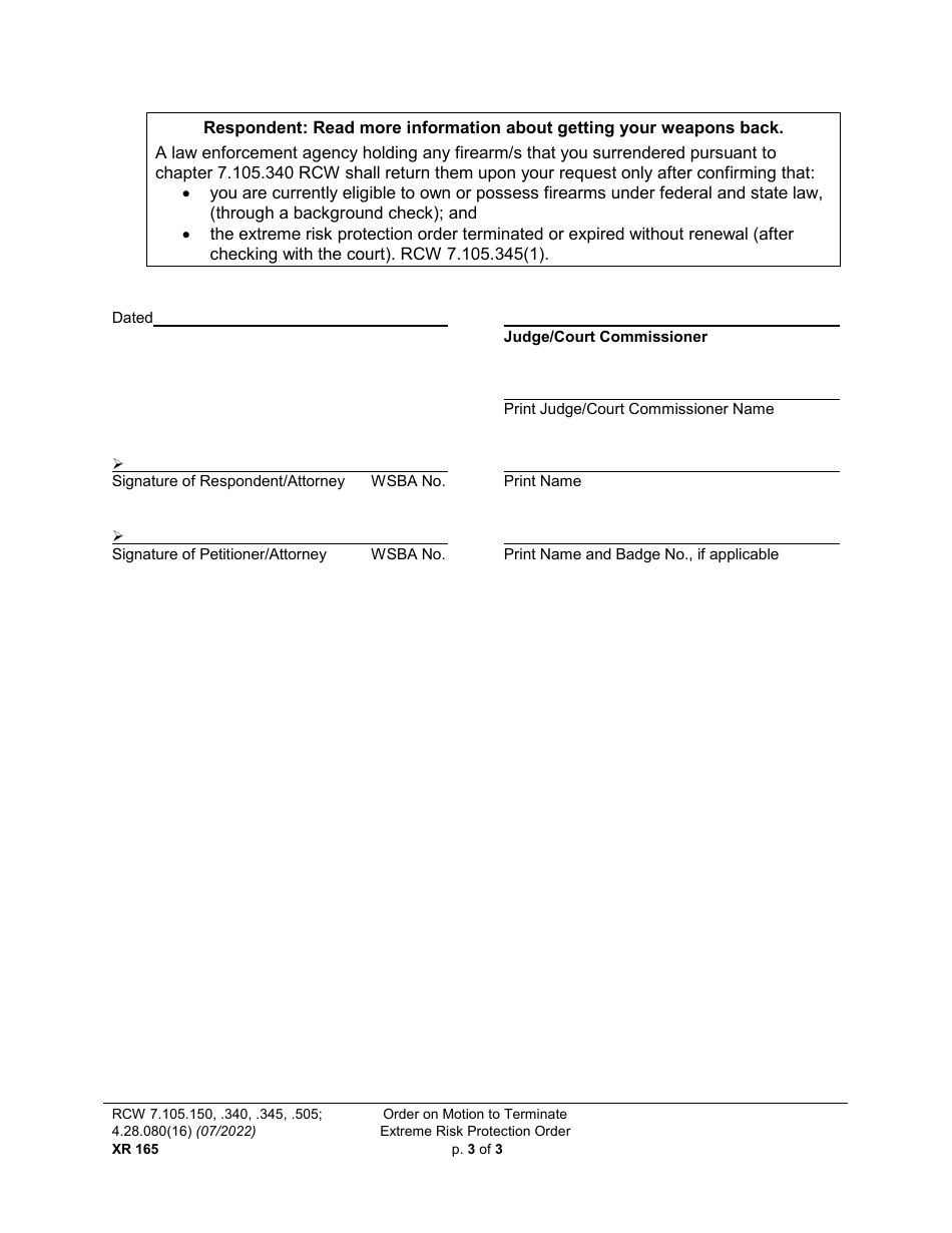Form XR165 Order on Motion to Terminate Extreme Risk Protection Order - Washington, Page 3
