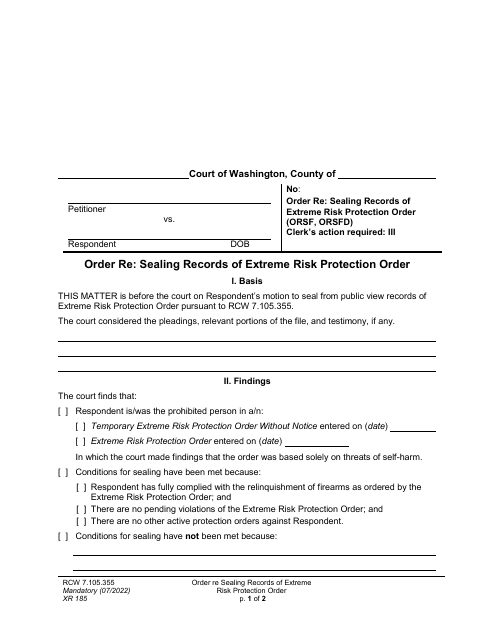 Form XR185 Order Re: Sealing Records of Extreme Risk Protection Order - Washington
