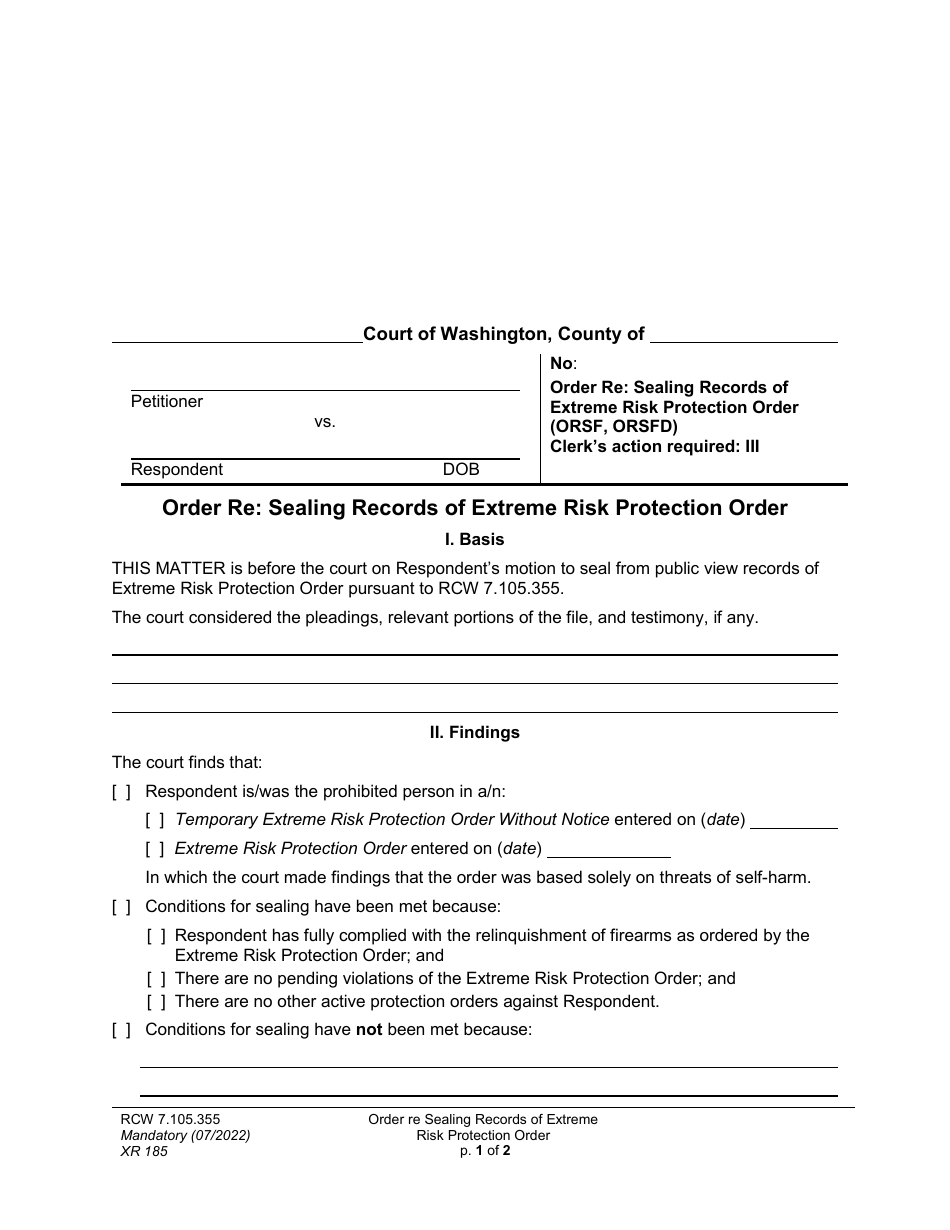 Form XR185 Order Re: Sealing Records of Extreme Risk Protection Order - Washington, Page 1