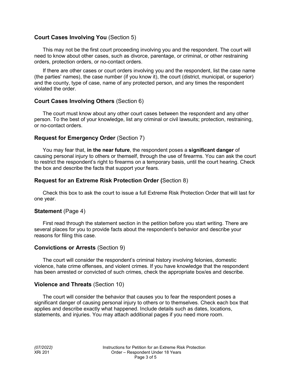 Instructions for Form XR201 Petition for an Extreme Risk Protection Order - Respondent Under 18 Years - Washington, Page 3