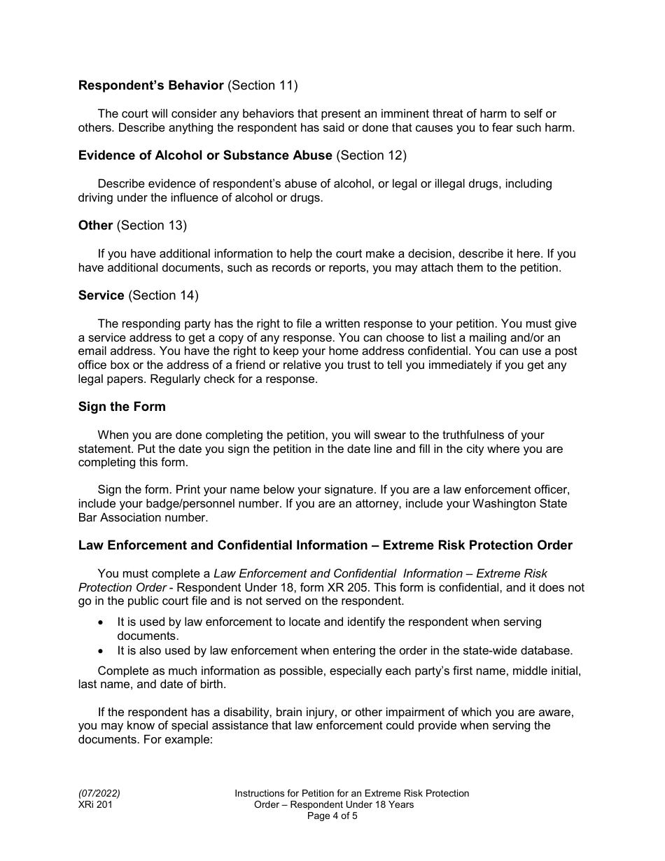 Instructions for Form XR201 Petition for an Extreme Risk Protection Order - Respondent Under 18 Years - Washington, Page 4