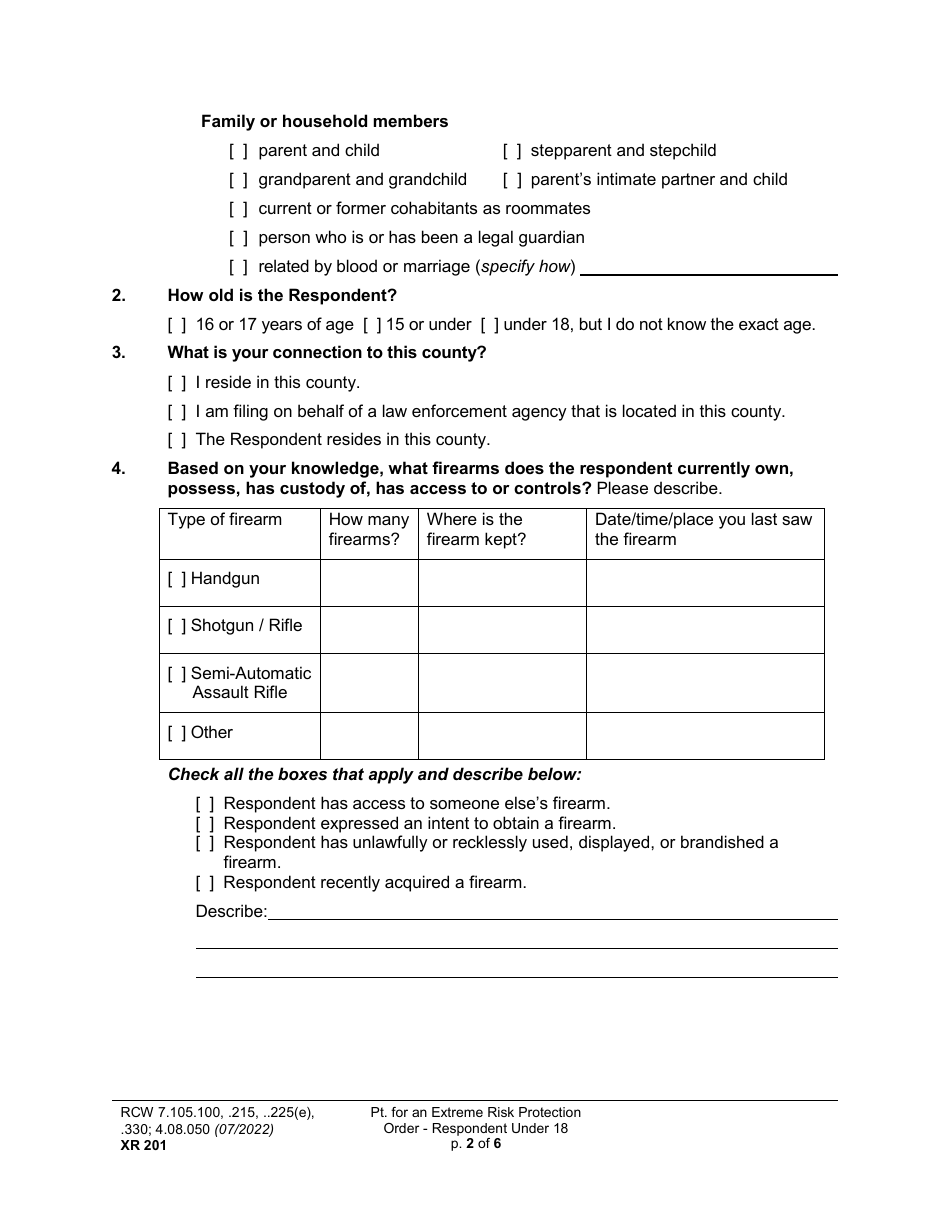 Form XR201 Petition for an Extreme Risk Protection Order - Respondent Under 18 Years - Washington, Page 2