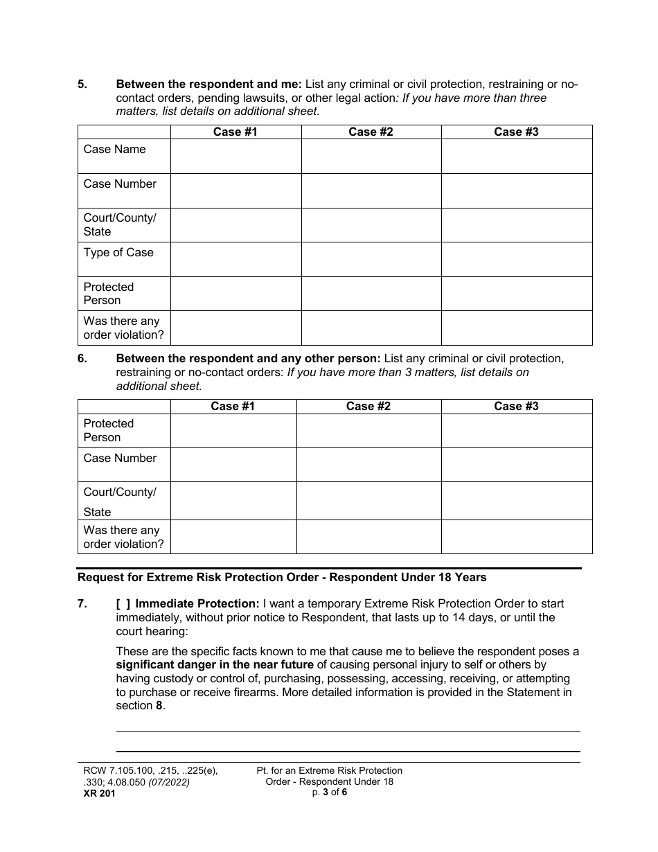 Form XR201 Petition for an Extreme Risk Protection Order - Respondent Under 18 Years - Washington, Page 3