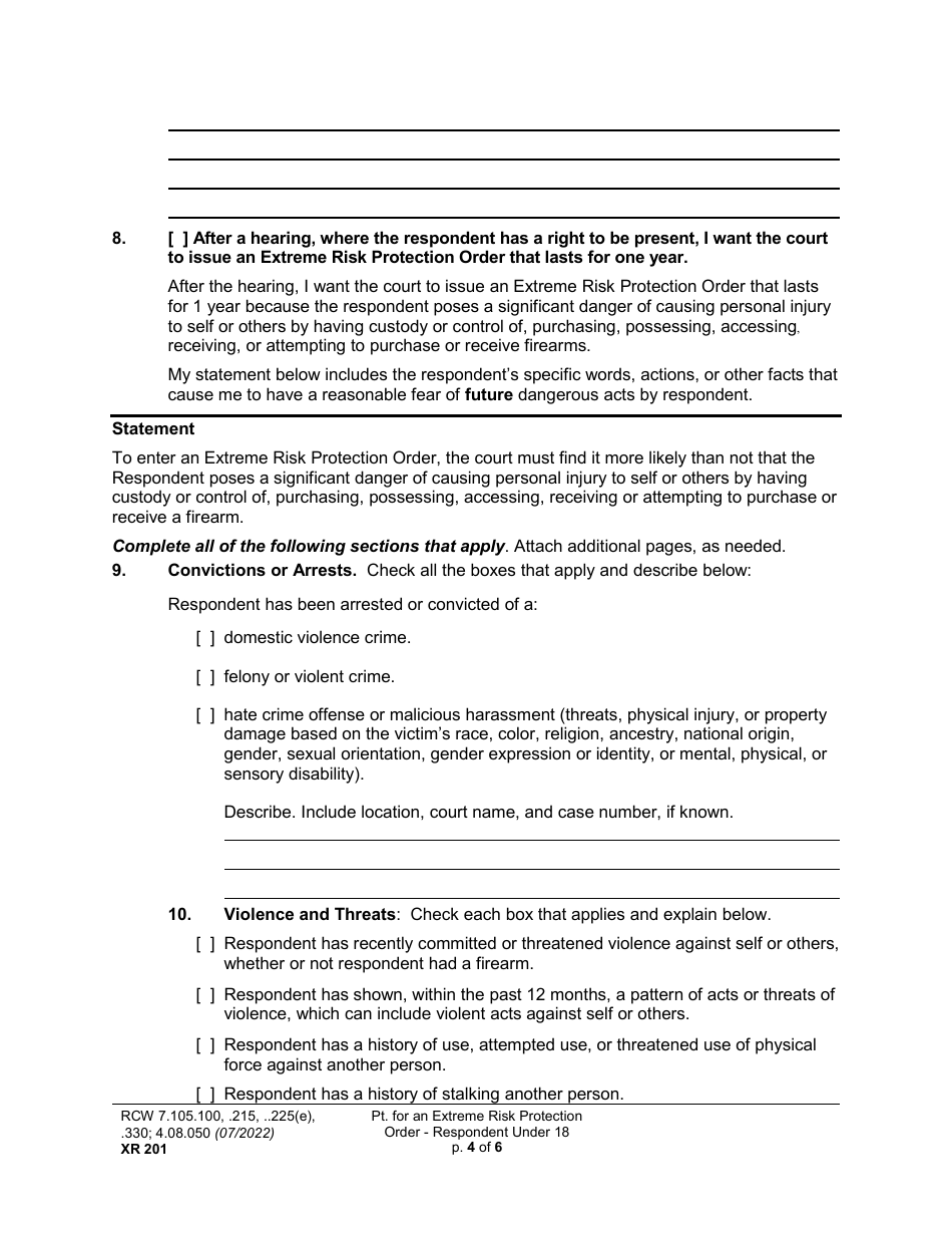 Form XR201 Petition for an Extreme Risk Protection Order - Respondent Under 18 Years - Washington, Page 4