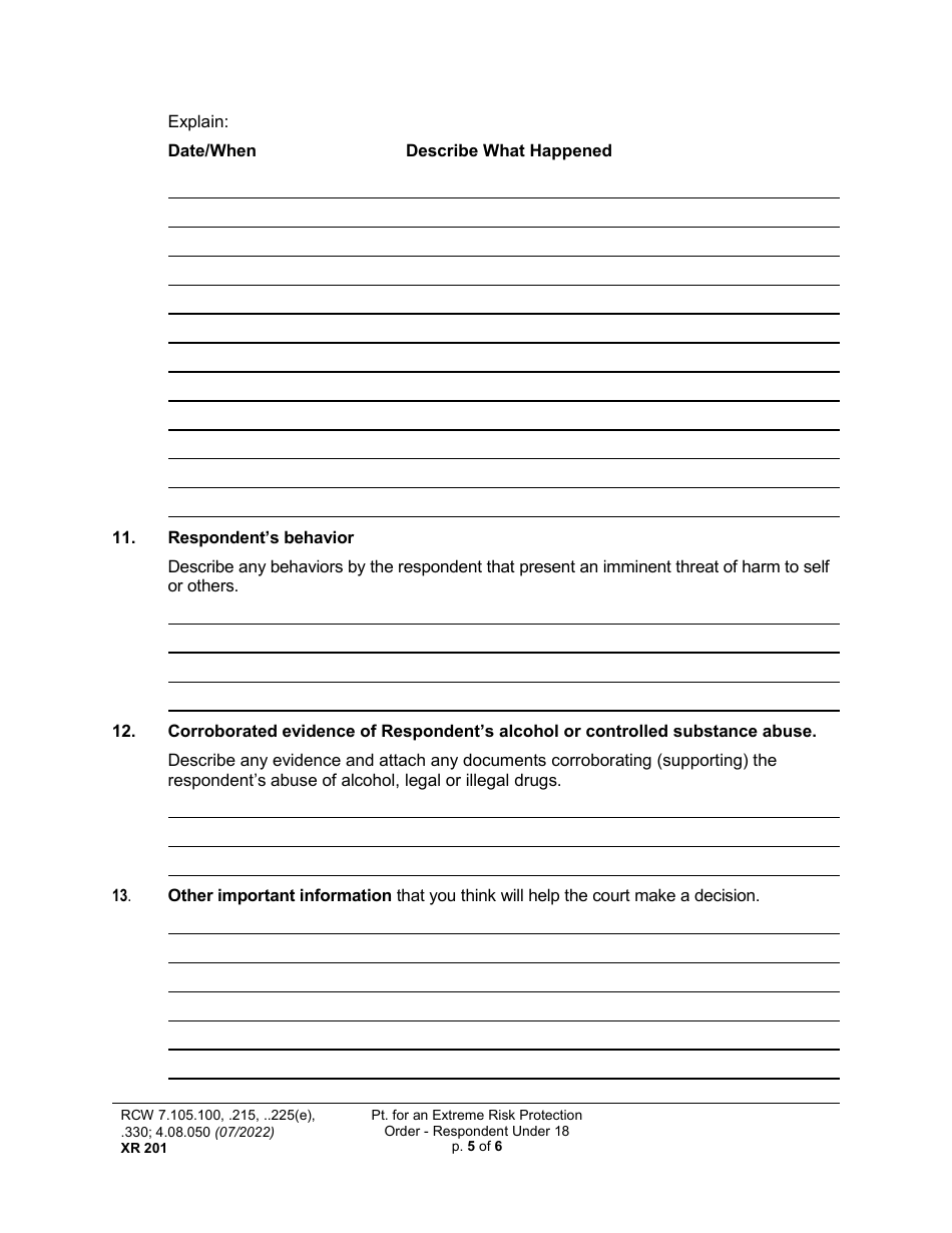 Form XR201 Petition for an Extreme Risk Protection Order - Respondent Under 18 Years - Washington, Page 5