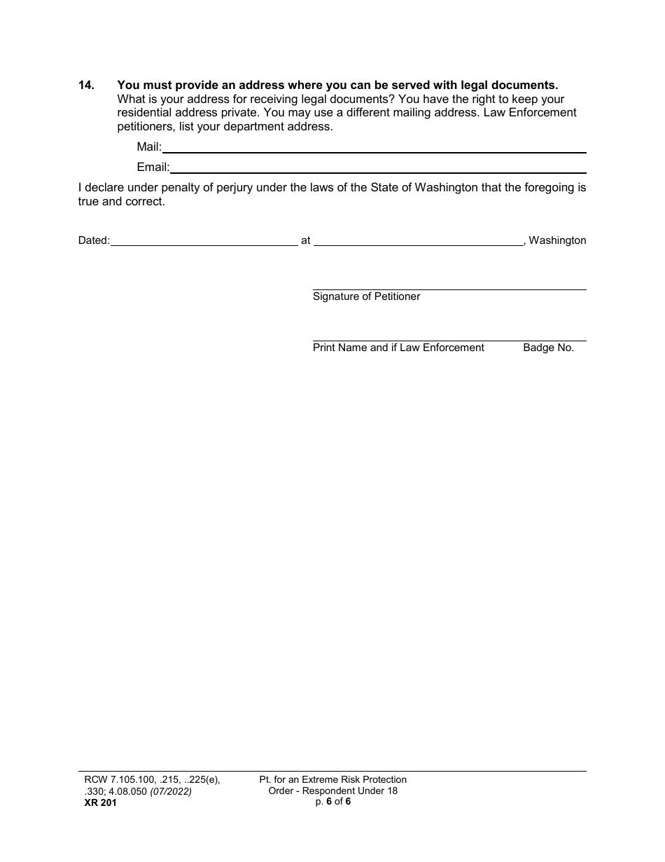 Form XR201 Petition for an Extreme Risk Protection Order - Respondent Under 18 Years - Washington, Page 6
