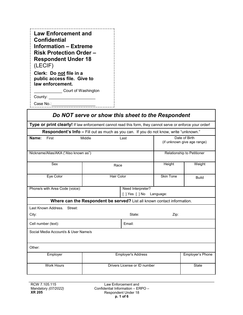 Form XR205 Law Enforcement and Confidential Information - Extreme Risk Protection Order - Respondent Under 18 - Washington, Page 1