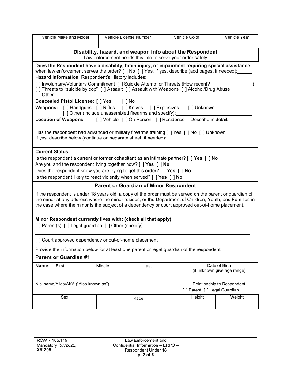 Form XR205 Law Enforcement and Confidential Information - Extreme Risk Protection Order - Respondent Under 18 - Washington, Page 2