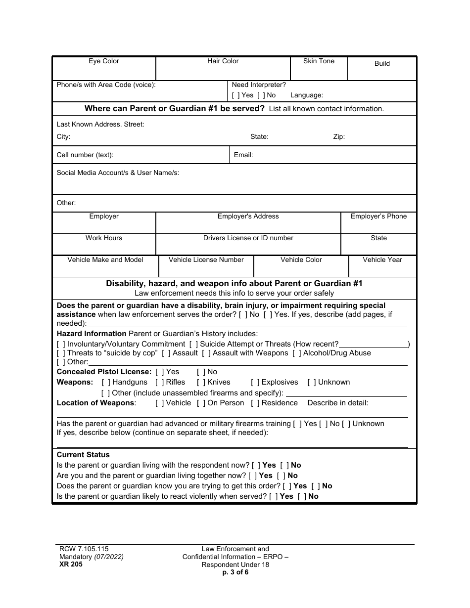 Form XR205 Law Enforcement and Confidential Information - Extreme Risk Protection Order - Respondent Under 18 - Washington, Page 3