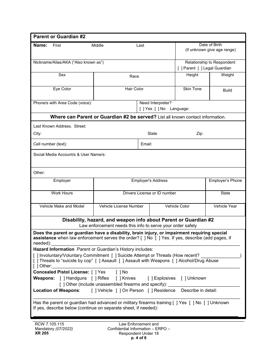 Form XR205 Law Enforcement and Confidential Information - Extreme Risk Protection Order - Respondent Under 18 - Washington, Page 4