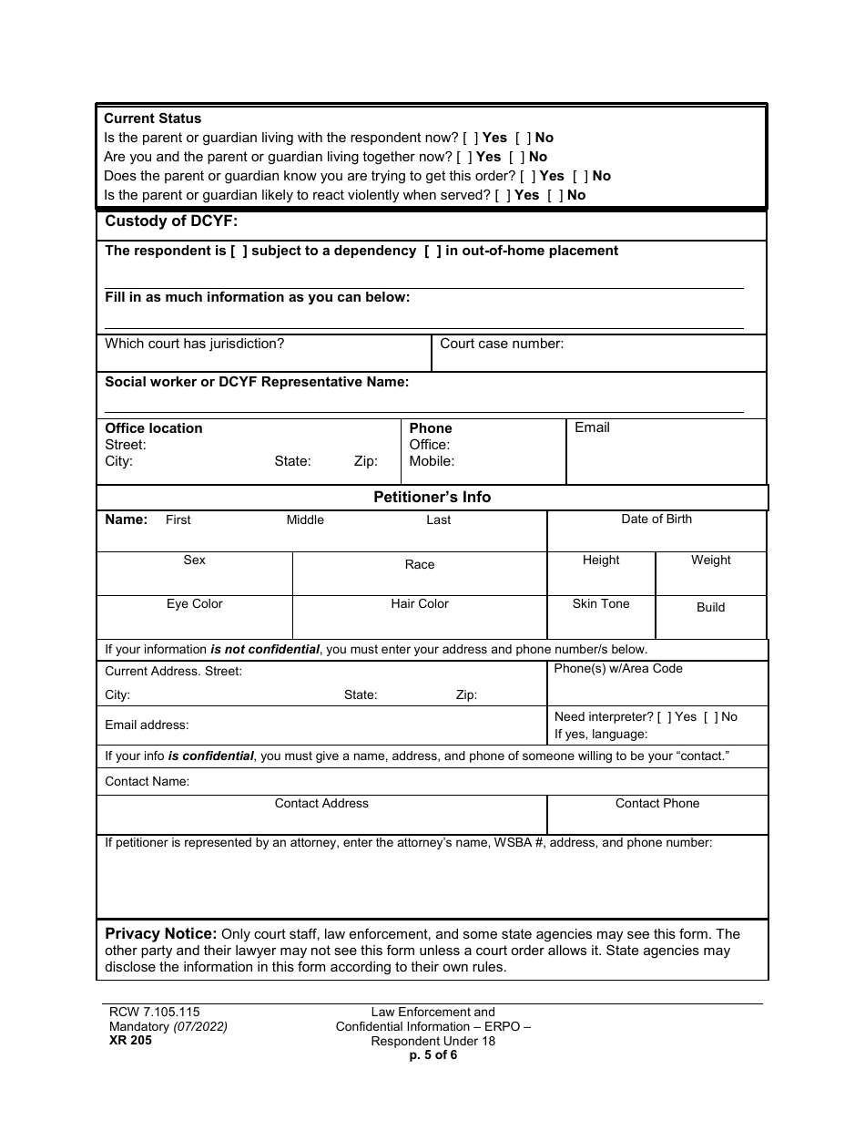Form XR205 Law Enforcement and Confidential Information - Extreme Risk Protection Order - Respondent Under 18 - Washington, Page 5