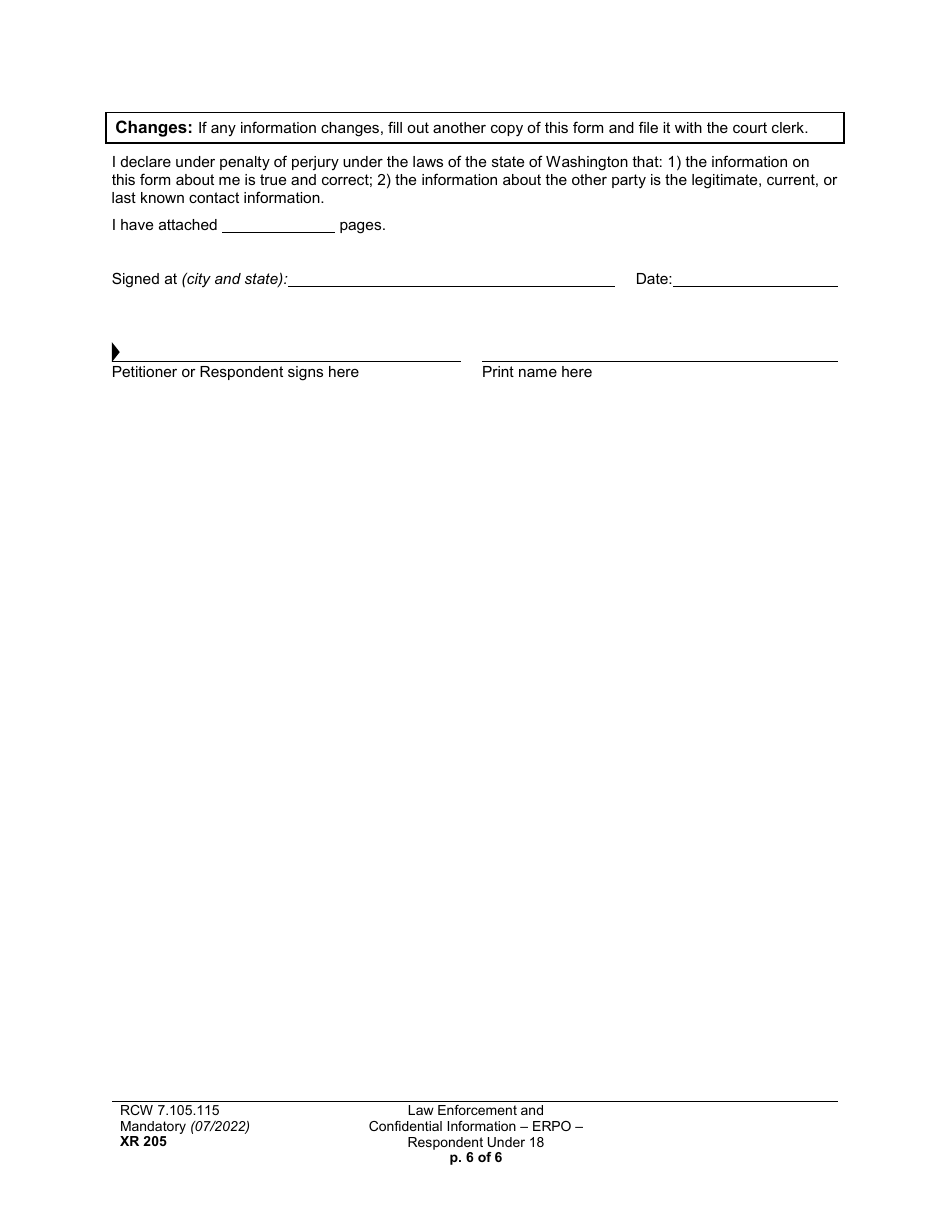 Form XR205 Law Enforcement and Confidential Information - Extreme Risk Protection Order - Respondent Under 18 - Washington, Page 6