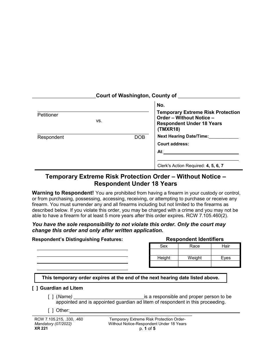Form XR221 Temporary Extreme Risk Protection Order - Without Notice - Respondent Under 18 Years - Washington, Page 1