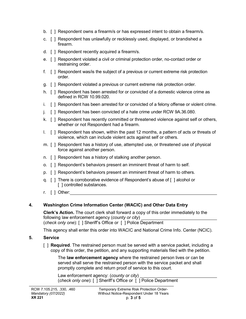 Form XR221 Temporary Extreme Risk Protection Order - Without Notice - Respondent Under 18 Years - Washington, Page 3