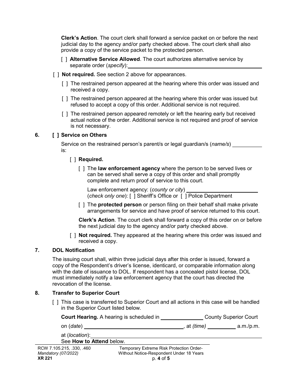Form XR221 Temporary Extreme Risk Protection Order - Without Notice - Respondent Under 18 Years - Washington, Page 4