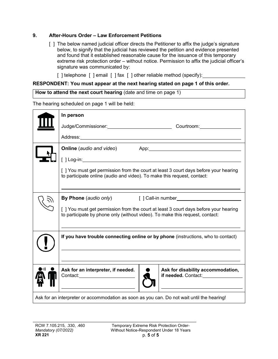 Form XR221 Temporary Extreme Risk Protection Order - Without Notice - Respondent Under 18 Years - Washington, Page 5