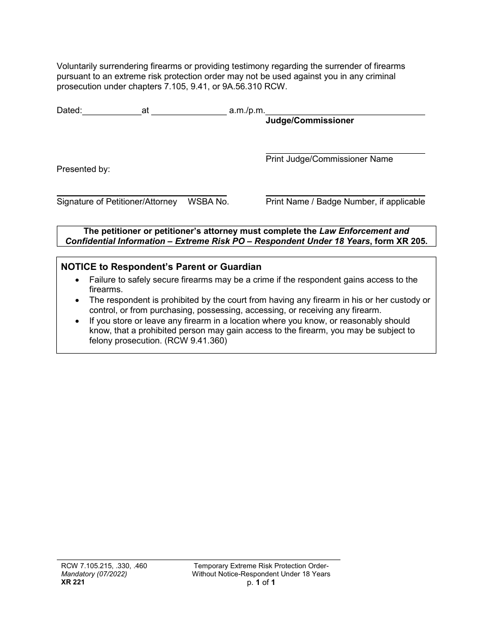 Form XR221 Temporary Extreme Risk Protection Order - Without Notice - Respondent Under 18 Years - Washington, Page 6