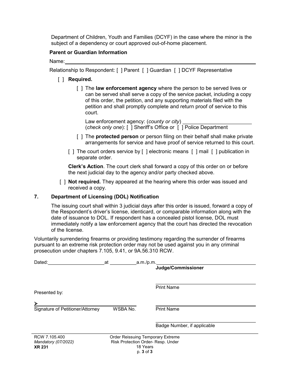 Form XR231 Order Reissuing Temporary Extreme Risk Protection Order - Without Notice - Respondent Under 18 Years - Washington, Page 3