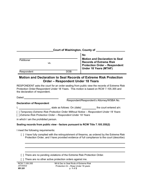 Form XR281 Motion and Declaration to Seal Records of Extreme Risk Protection Order - Respondent Under 18 Years - Washington
