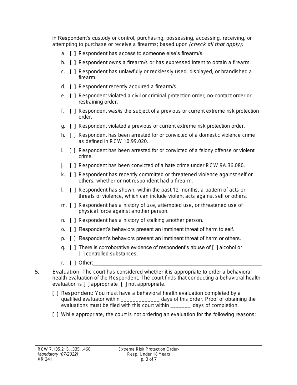 Form XR241 Extreme Risk Protection Order - Respondent Under 18 Years - Washington, Page 3