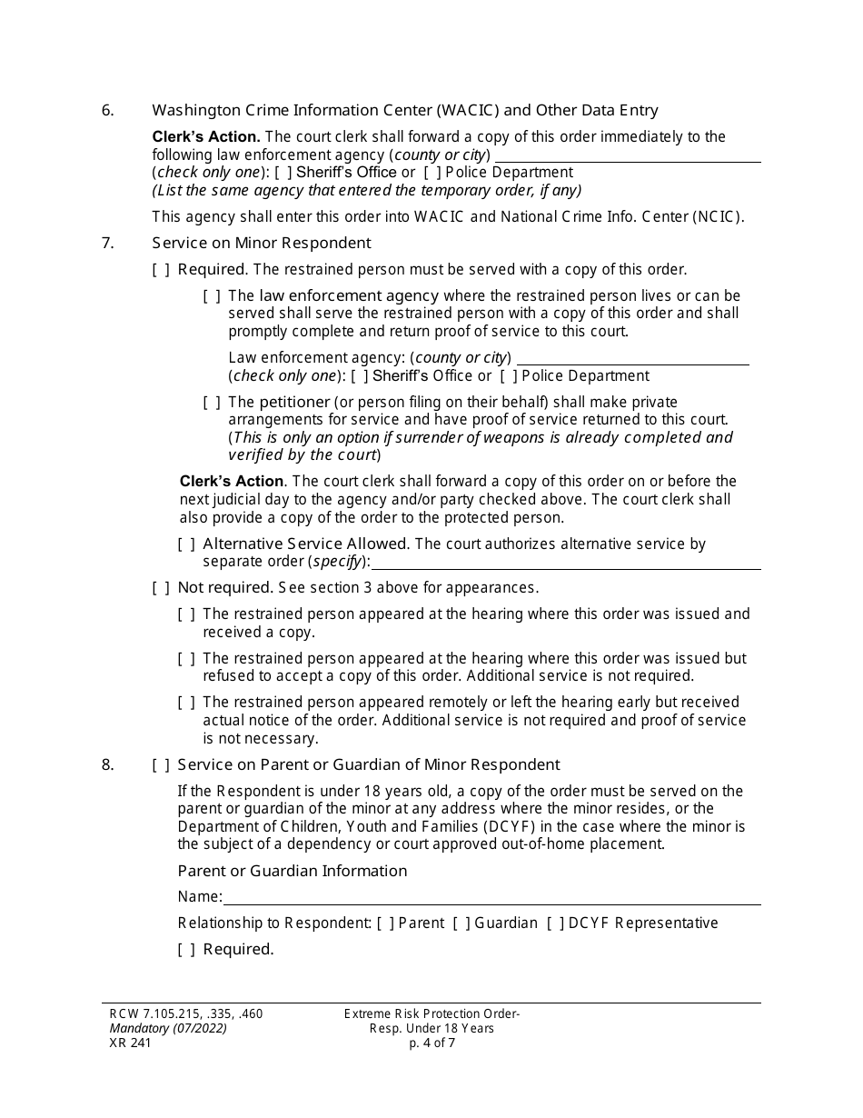 Form XR241 Extreme Risk Protection Order - Respondent Under 18 Years - Washington, Page 4